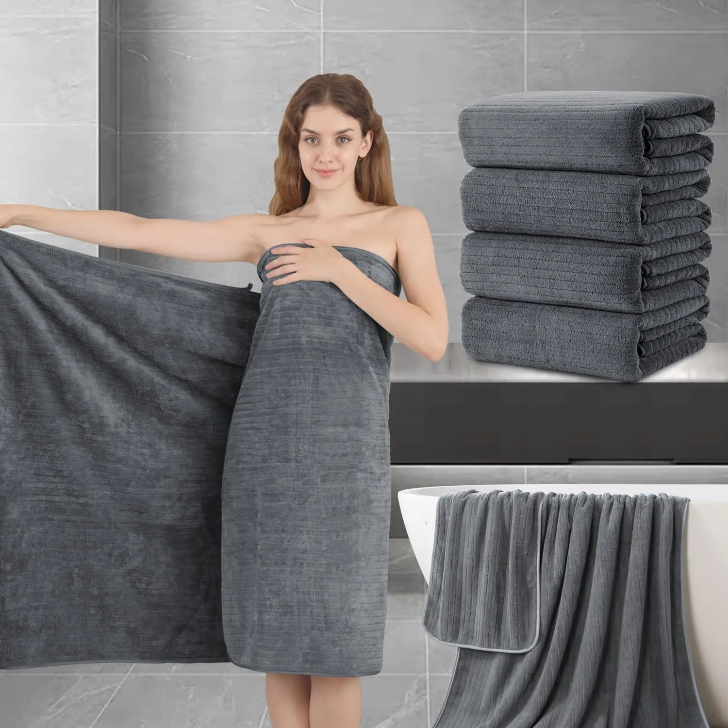

Extra Large Bath Sheet Set of 4, Ultra Soft Fluffy Towel, 35x70 Inches, Quick Dry Microfiber, Grey