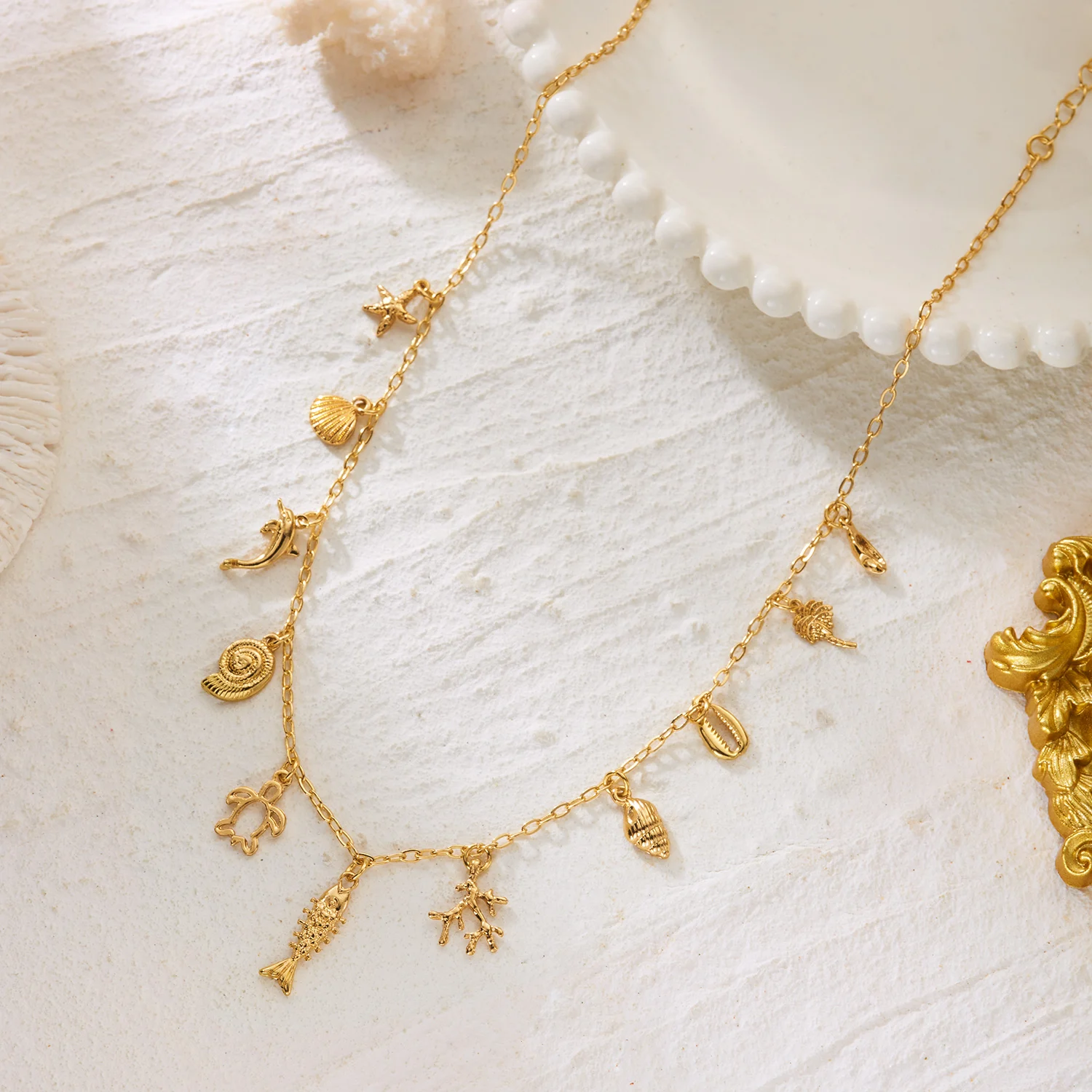 Boho Mehrfach-Anhänger Quasten-Halskette für Frauen Ozean-Serie Korallen-Seestern-Schildkröten-Muschel-Halskette Strand-Schmuck Urlaubsgeschenk – Detail 6