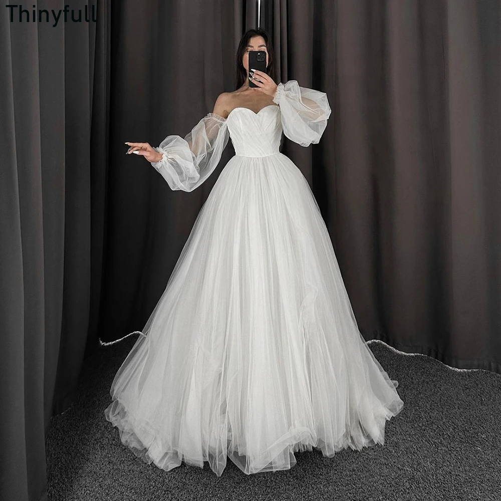 

Thinyfull Boho White Tulle Wedding Dresses A-Line Sweetheart Long Puffy Sleeves Floor Length Bridal Gowns Princess Bride Dress