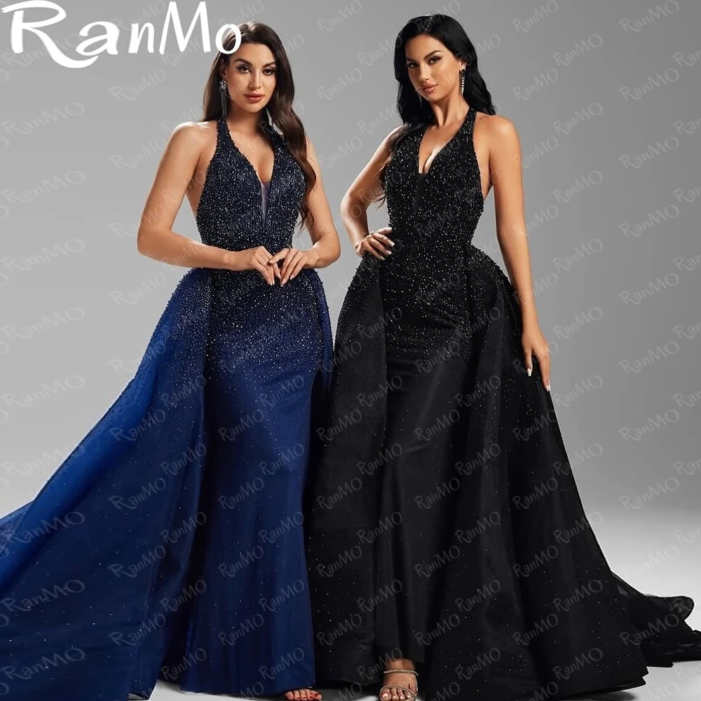 

Ranmo 2025 Customized Sleeveless Prom Dresses Halter Pleated Beadings Lace Floor Length Party Dress Evening Dresses Sweep Train