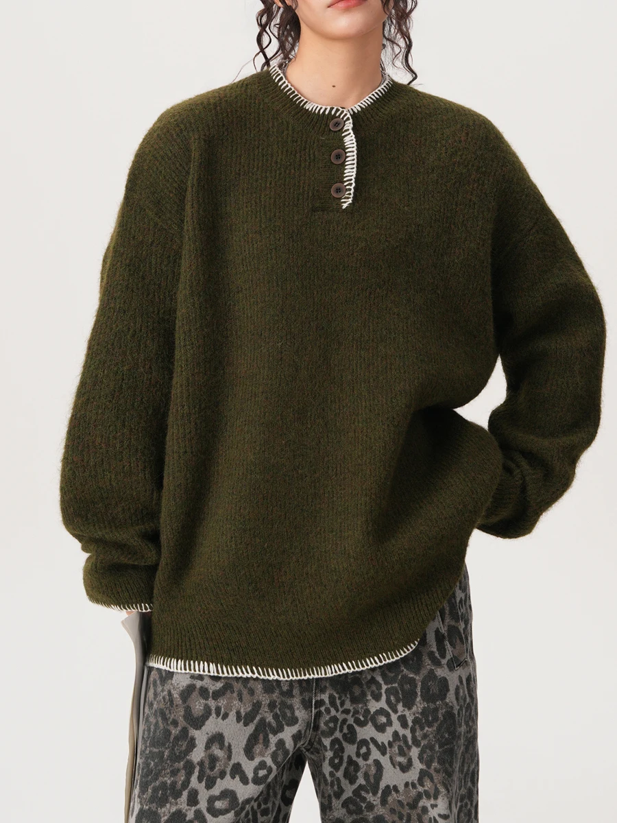 เสื้อสเวตเตอร์ถักสไตล์เรโทร คอเฮนรี่ ทรงหลวม สวมหัว สำหรับคู่รัก ฤดูใบไม้ร่วง ฤดูหนาว อุ่นสบาย ผลิตจากเส้นใยโพลีเอสเตอร์