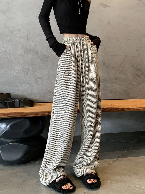 กางเกงขายาวทรงขากว้างผู้หญิง สไตล์ลำลอง สำหรับฤดูใบไม้ร่วงและฤดูหนาว รุ่นใหม่ เอวยางยืดสูง ผ้าถักโพลีเอสเตอร์ผสมสแปนเด็กซ์