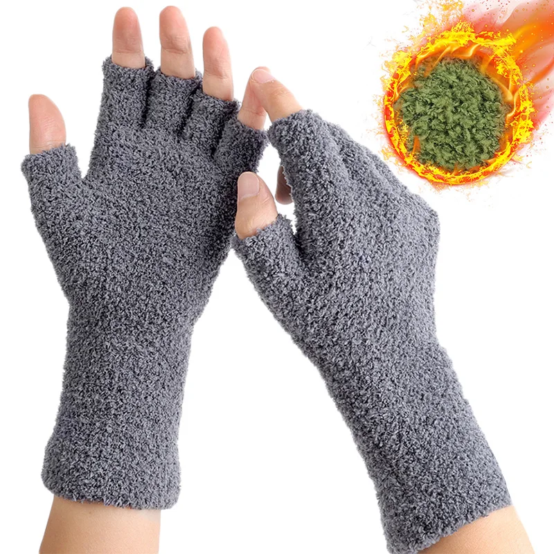 Guantes de felpa sin dedos para mujer, manoplas cálidas de medio dedo para escritura, brazo largo, pantalla táctil, forro polar de Coral grueso,