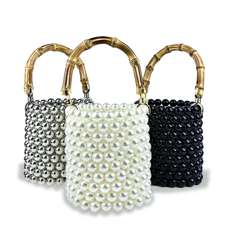 2024 New Mini Hand Beading Acrylic Pearl Handabg Fashion Bamboo Handle Women's Cylindrical Shape Drawstring Evening Clutches Bag