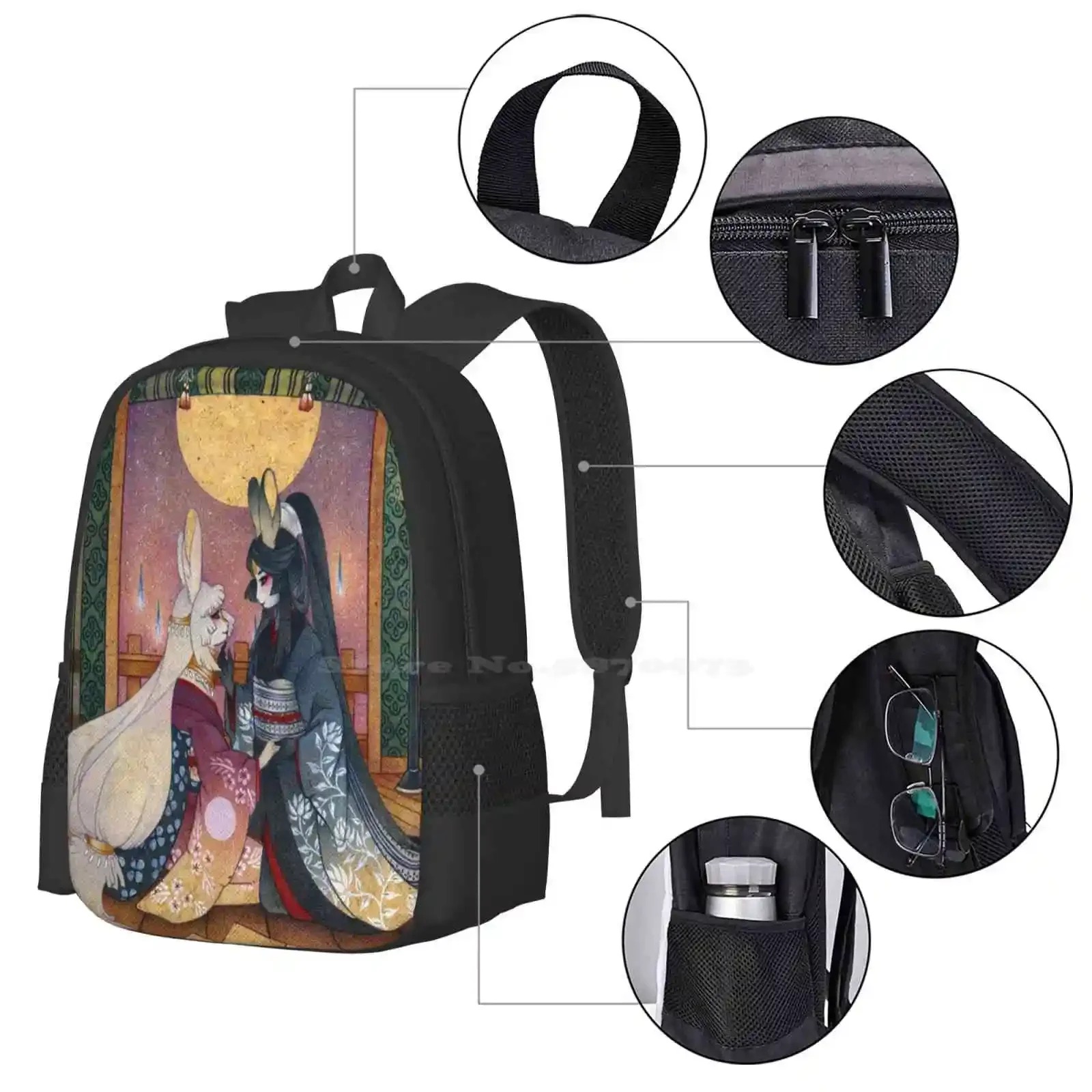 Miri & Akemi-Moon Kaninchen Neu eingetroffen Unisex Taschen Student Tasche Rucksack Mond Kaninchen Hase Tsuki No Usagi Yokai Youkai Japanisch
