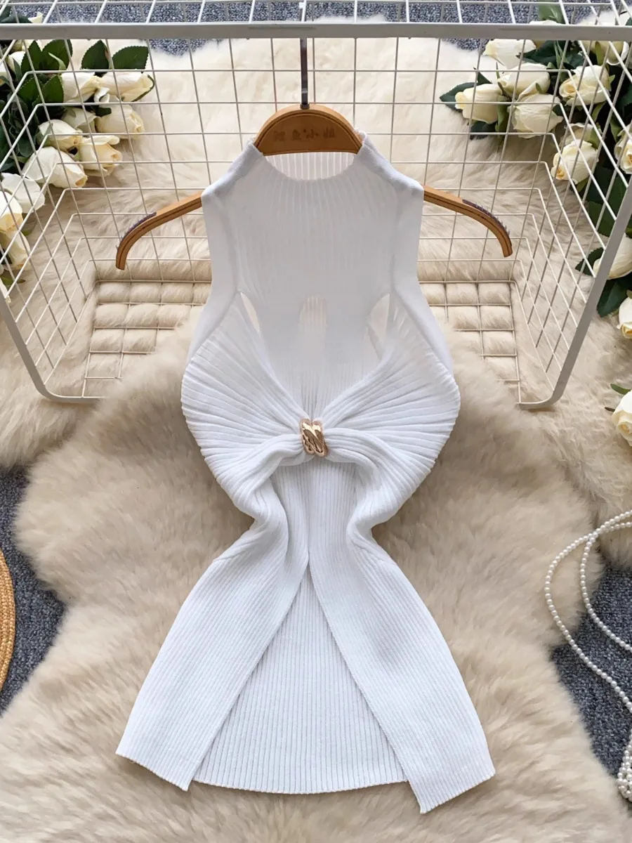 Foamlina Gilet lavorato a maglia senza maniche di lusso chic da donna Summer Metal Kink Design Spice Girl Canotte alla moda Crop Top