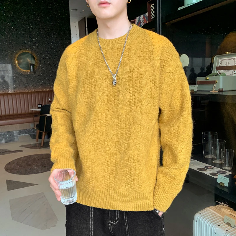 Casual Yellow O Neck Sweater Men Korean Fashion Long Sleeve Tassel Knitted Pullover for Autumn Lazy Long Sleeve Knitted Jumper