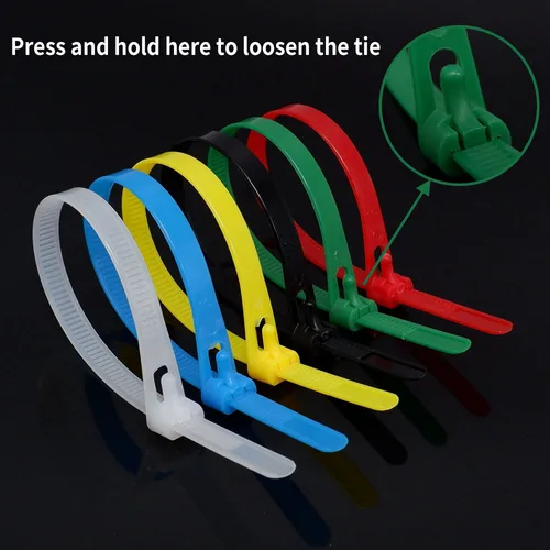 Imagen 2 del producto Bridas de nailon de plástico reutilizables para jardín, bridas con cremallera desmontable, correas de encuadernación, color negro, blanco, rojo, amarillo y verde, 100 piezas