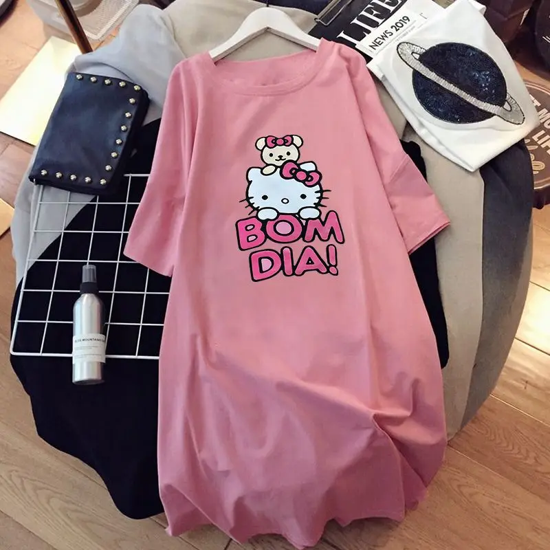 Sanrio Hello Kitty Summer Nightdress Women Short Sleeve Loose Skirt Cute Sweet Girl Wear Home Clothes Long Pajamas Large Size