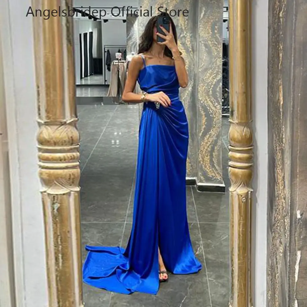 Angelsbriep sereia cetim vestidos de baile 2022 longos pregas cristais lado dividir vestidos de festa com alças de espaguete vestidos de noite