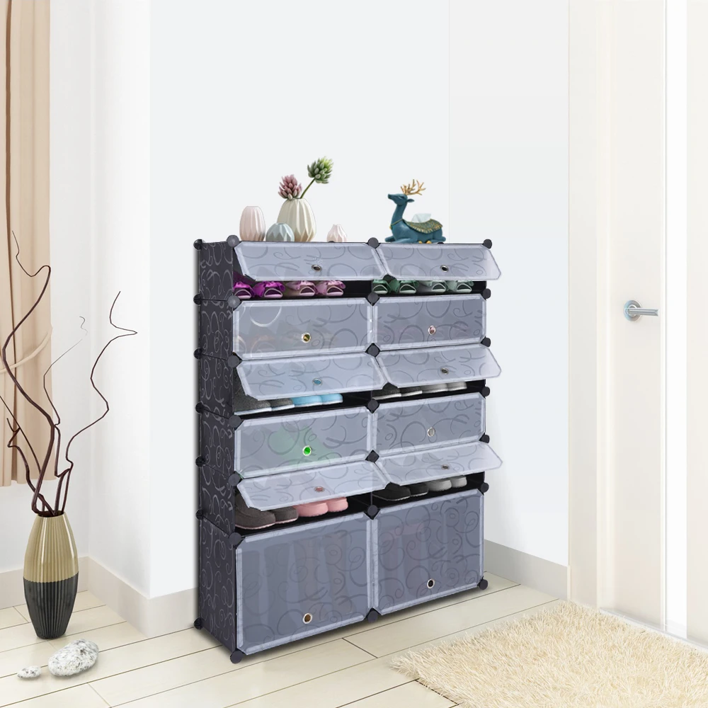 

12-Cube DIY Shoe Rack Modular Organizer Plastic Cabinet 6 Tier Modular closet cabinet with Doors