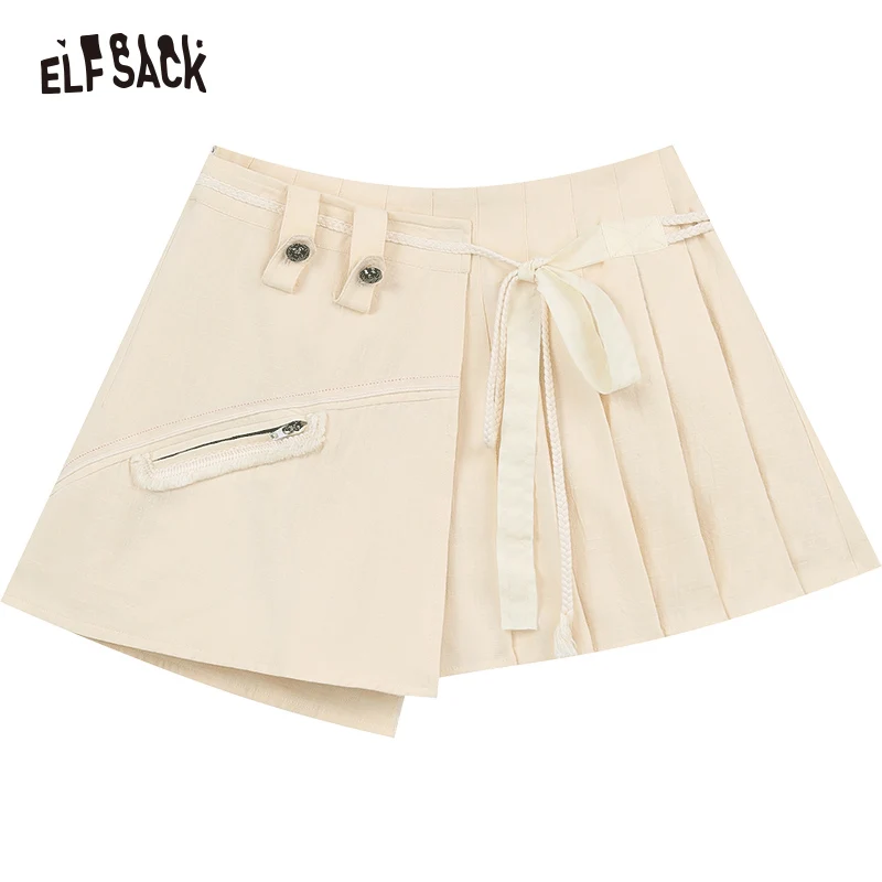 ELFSACK 2024 Summer New High Waist A-Line Pure Cotton Half Skirt for Women's Versatile Sweet Pleated Short Skirt