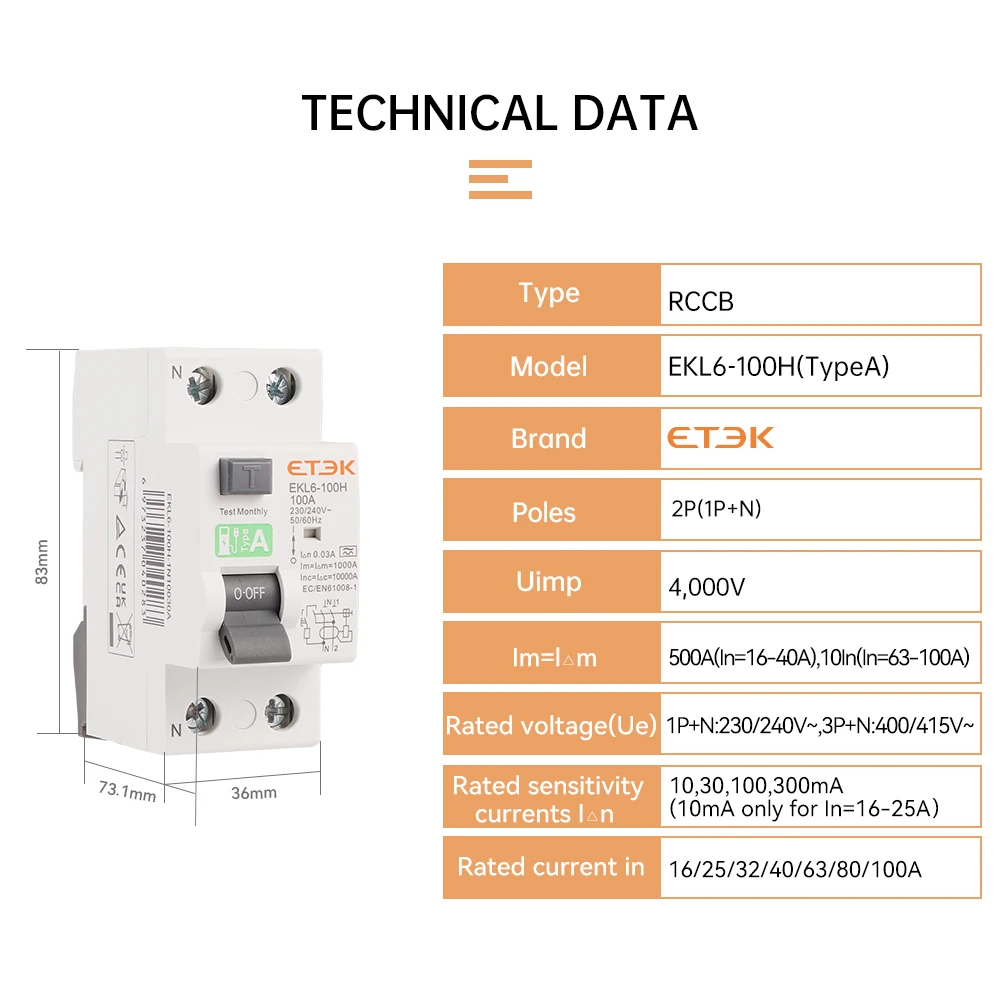 ETEK RCD RCCB typ elektromechaniczny wyłącznik różnicowo-prądowy AC 2P 2Pole 10KA 25A 40A 63A 80A 100A 230V 30ma EKL6-100H