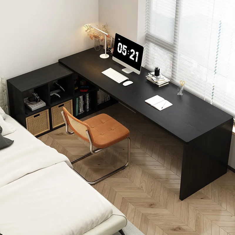 Black solid wood L-shaped corner table bookcase integrated computer desk bedroom home e-sports table