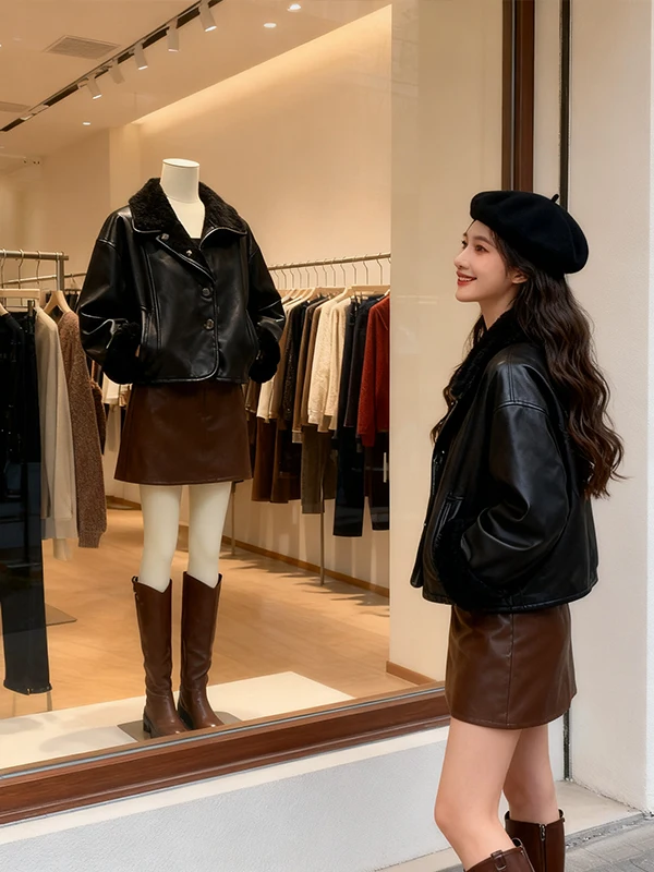 

Retro Collar ort Leather Jaet Women Slimming Versatile Outerwear Winter Design Cute Small Jaet Travel Suitable