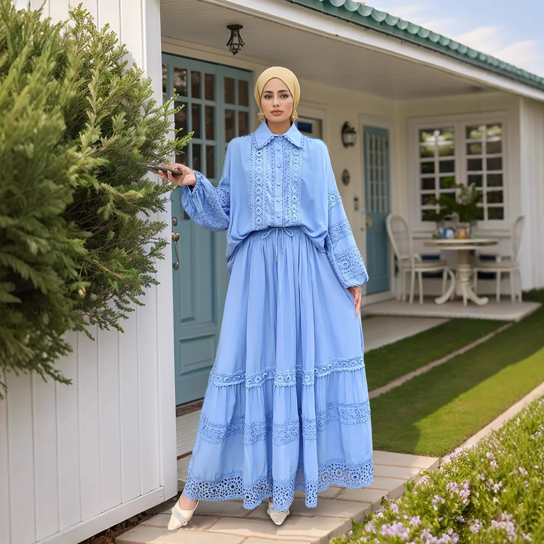 Ramadan Morocco Lslamic Middle East Arab Muslim Women's Hollow Lace Patchwork Bubble Sleeve Top+Large Swing Skirt Two Piece Set