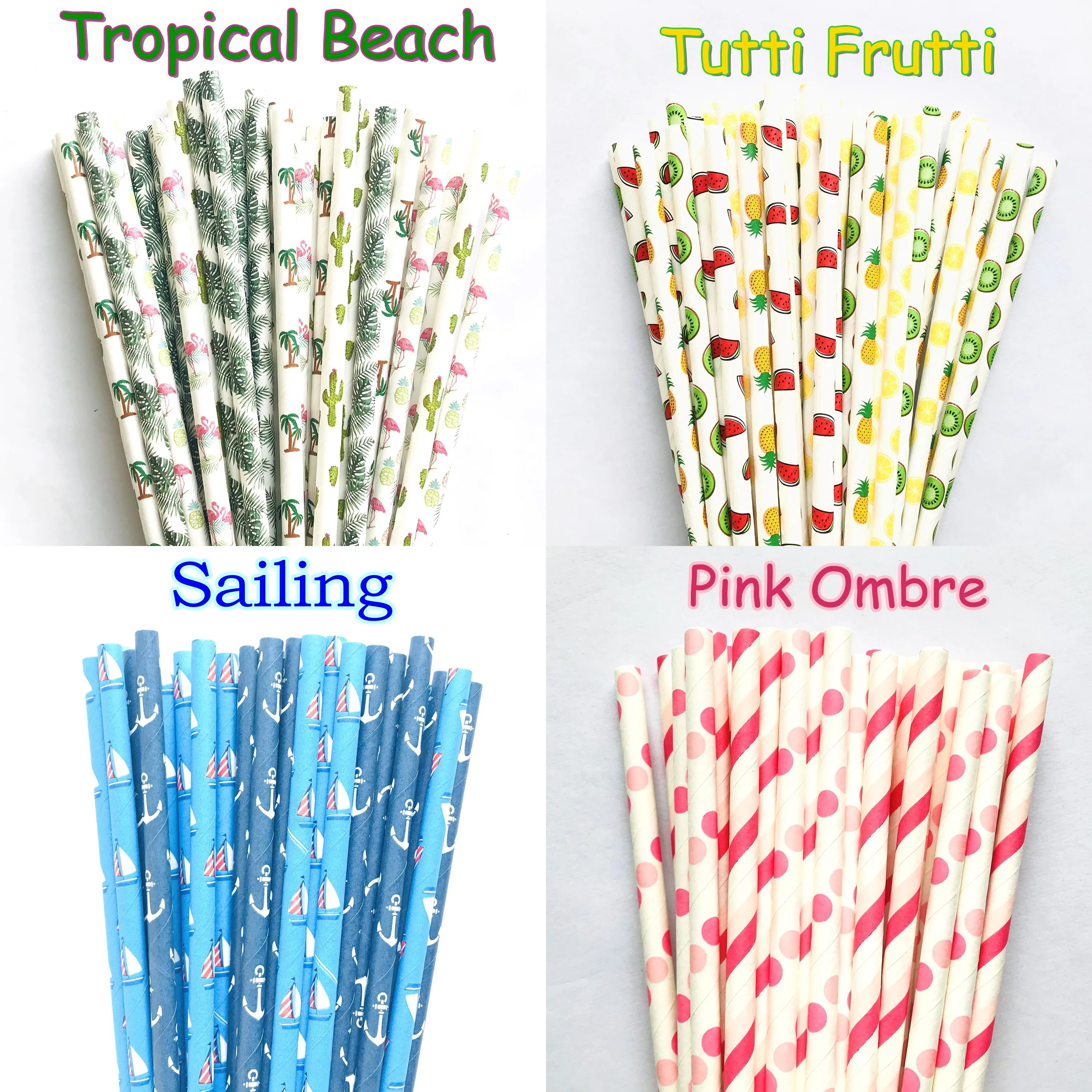 100 Pcs Tropical Beach Party Paper Straws,Green Blue Pink Red Flamingo Palm Coconut Cactus Sailboat Anchor Fruit Summer Luau Sea