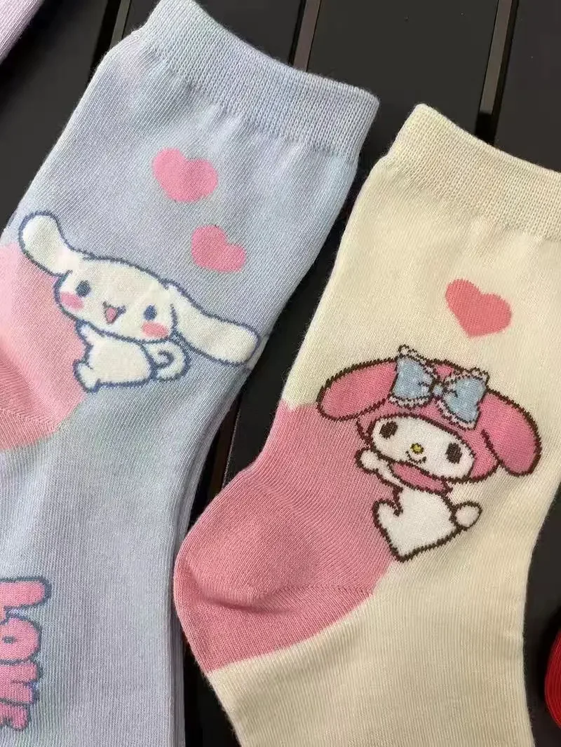 6Pcs/set Sanrio Female Cotton Socks Cartoon Cinnamoroll My Melody Kuromi Girls Socks Student Mid-tube Non-slip Socks Girl Gift