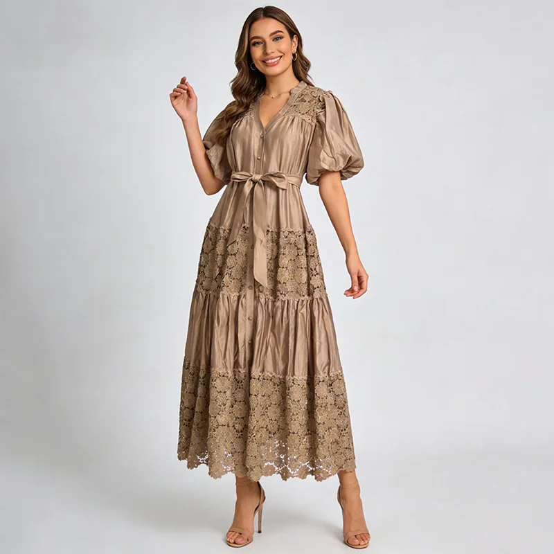 

French Vintage Lace Embroidery Patchwork Prom Dress Women's V-Neck Short Sleeve Single Breasted Sashes Loose Robes Party Vestido