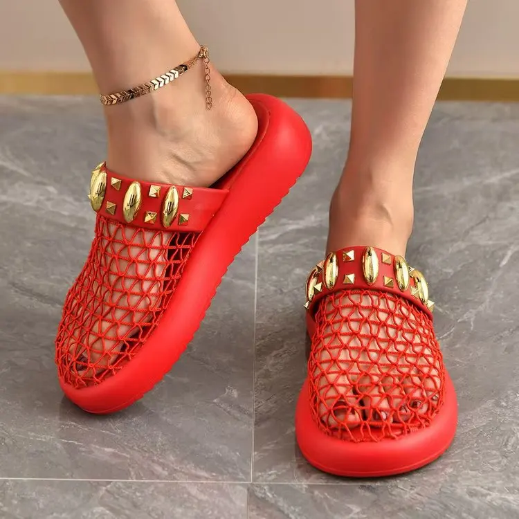 2026 New Hollowed Out Breathable Toe Cap Half Drag Thick Sole Roman Temperament Versatile Fashion Beach Slippers