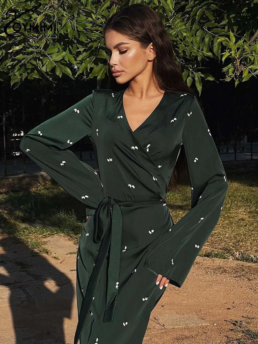 Oymimi Elegant Green Print Womens Dresses Fashion V-Neck Long Sleeve Lace-Up Dresses Casual Straight Ankle-Length Dress Female