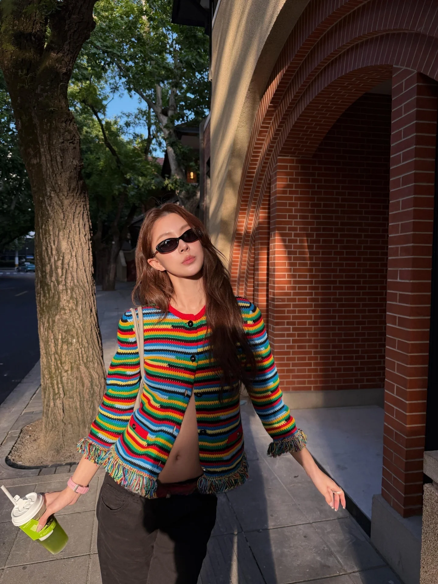 Dopamine Summer Rainbow Striped Fringed Knitted Cardigan Women's Halter Vest  Skirt Set Cotton Polyester Blend Short Sleeve