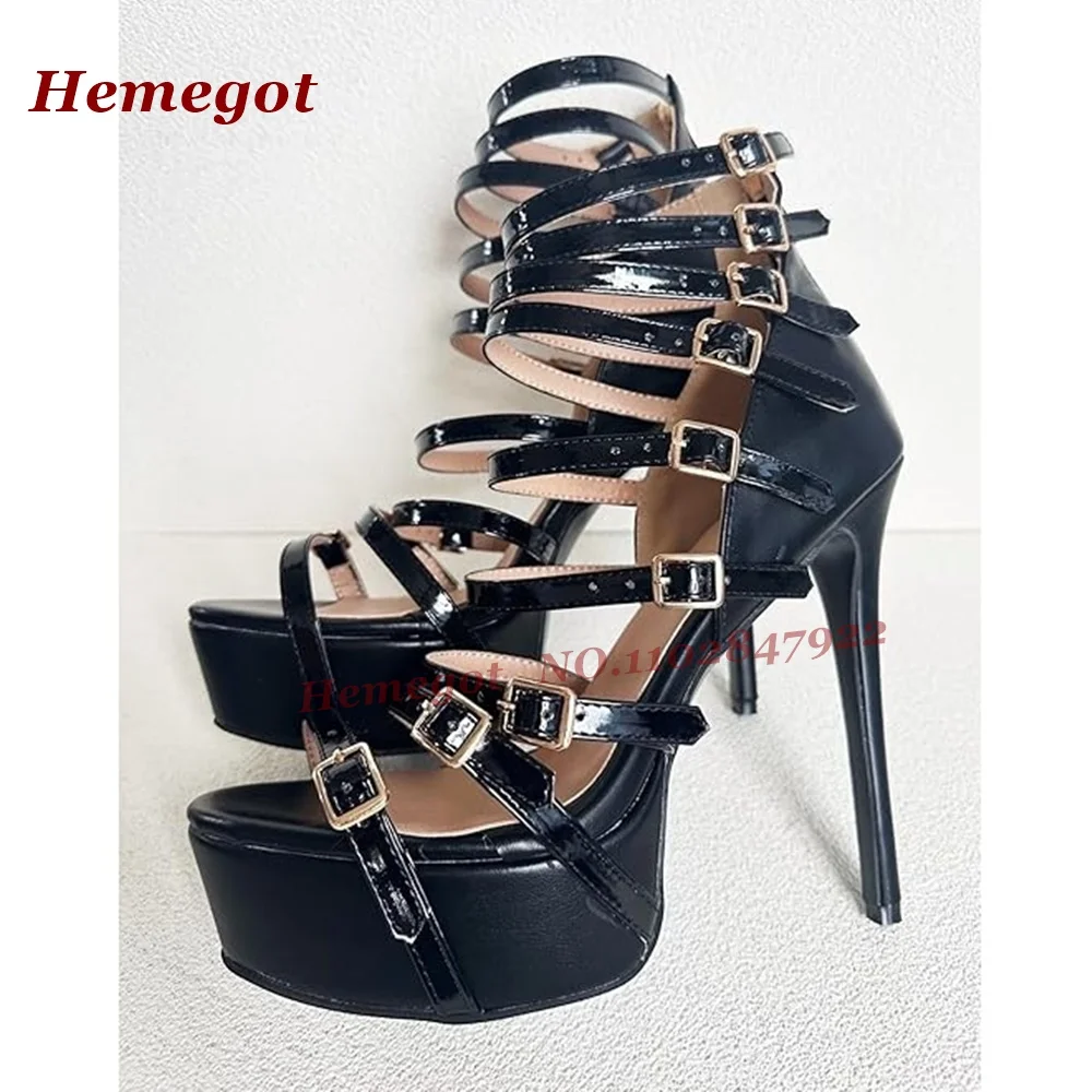 2026 New Women's Black Platform Gladiator Heels Multi Buckle Strap Stiletto Sandals Sexy Party Dress Pumps for Club Night Out