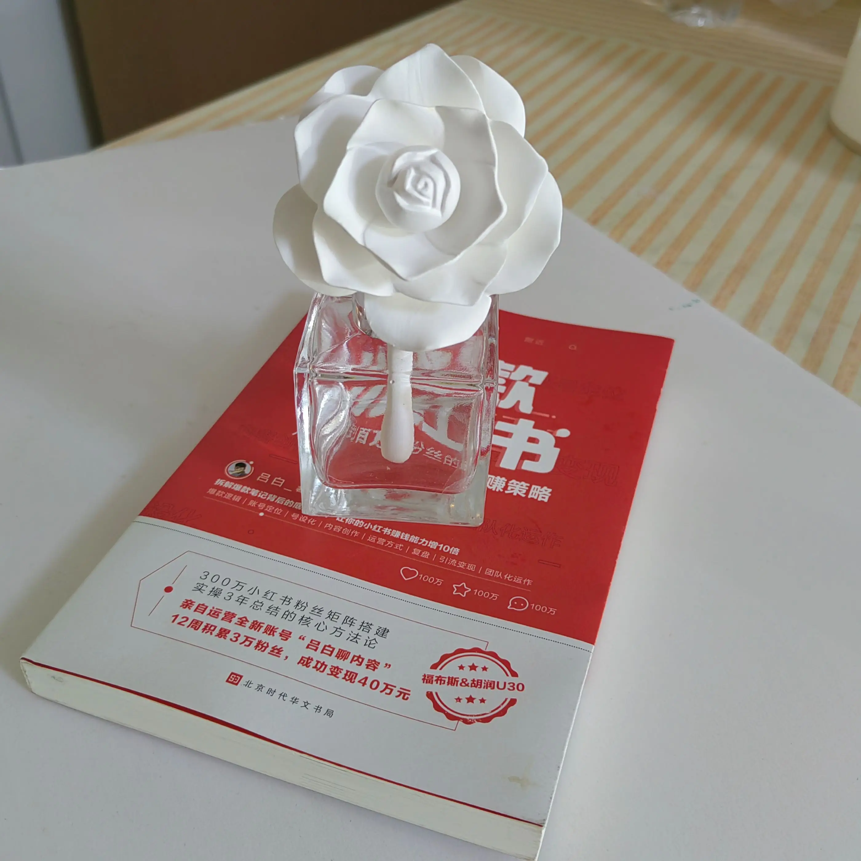 Ceramic Flower with Empty Clear Glass Bottle ,Home Fragrance Decor Aromatherapy Diffuser For Office, Bedroom and Washroom