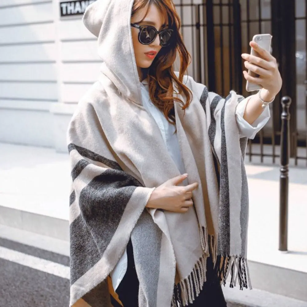 Luxo elegante inverno quente velo xale com capuz engrossar xale capa imitação cashmere envolve cachecol