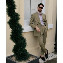 Olive Gabardine Classic Men Suit 2-Piece Set Tuxedo Peak Lapel Groomsmen Wedding Suits Set Fashion Men Business Blazer