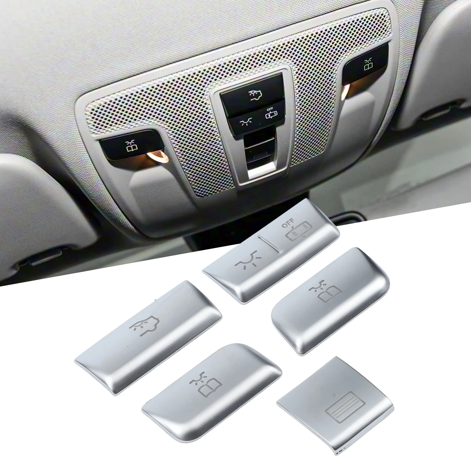 5pcs Stylish /Silver /Roof /Reading /Lamp /Button Patch For Mercedes For GLA 2015-2019 Sunroof Window Switch Button Cover
