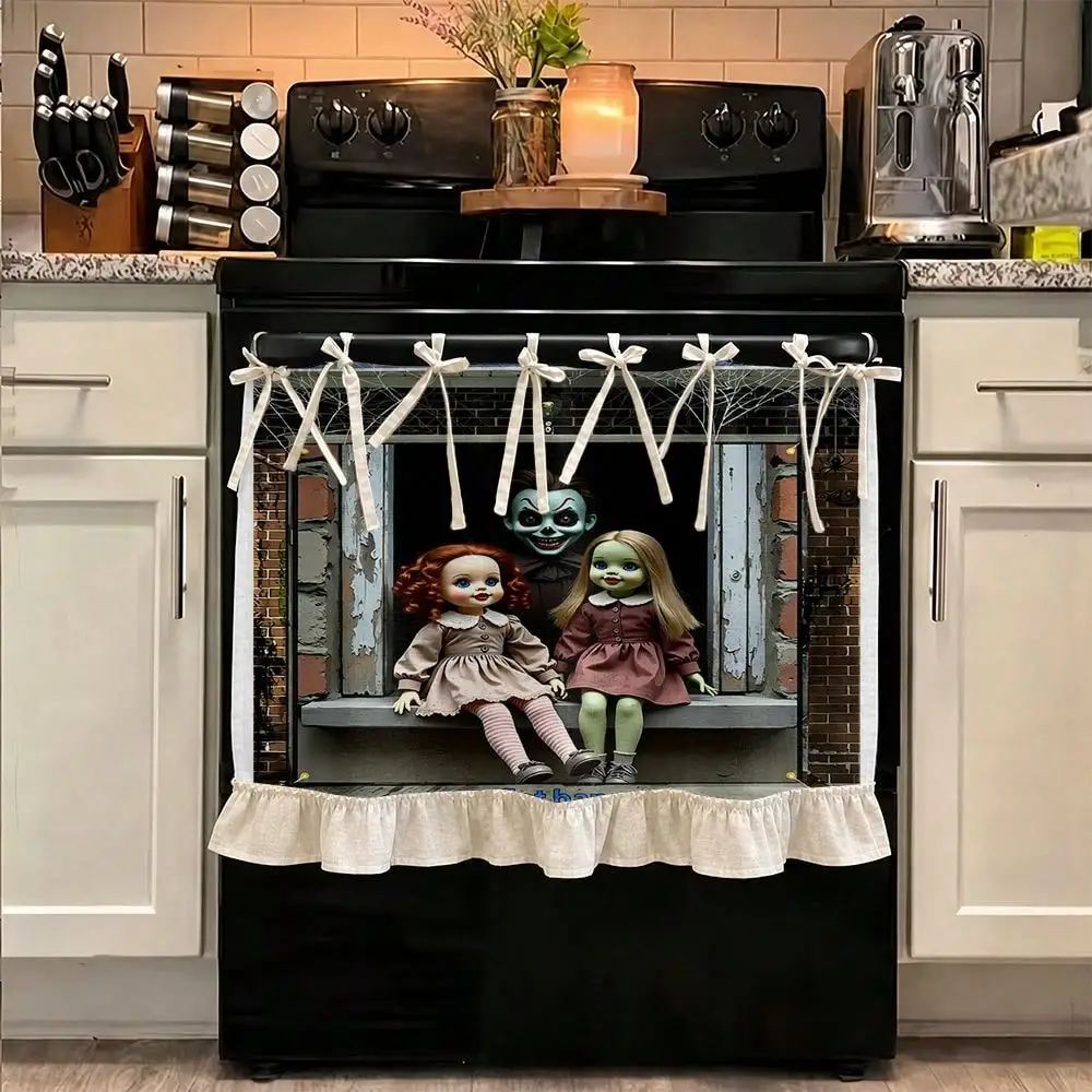 2D Halloween Horror Dolls Pattern Multifunctional Decorative Curtain, Suitable Kitchen Valance, Oven Cover, Washing, Dishwasher, Bathroom Window Treatment, And Kitchen, Halloween Kitchen Apron