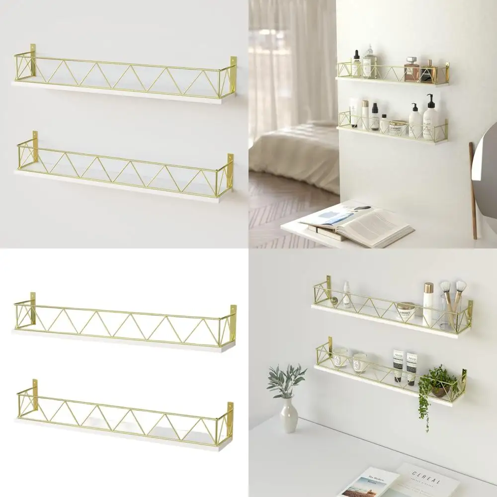 

Set of 2 White & Gold Floating Wall Shelves, Iron Brackets for Bathroom, Bedroom, Nursery Storage & Bookshelf - MK465A