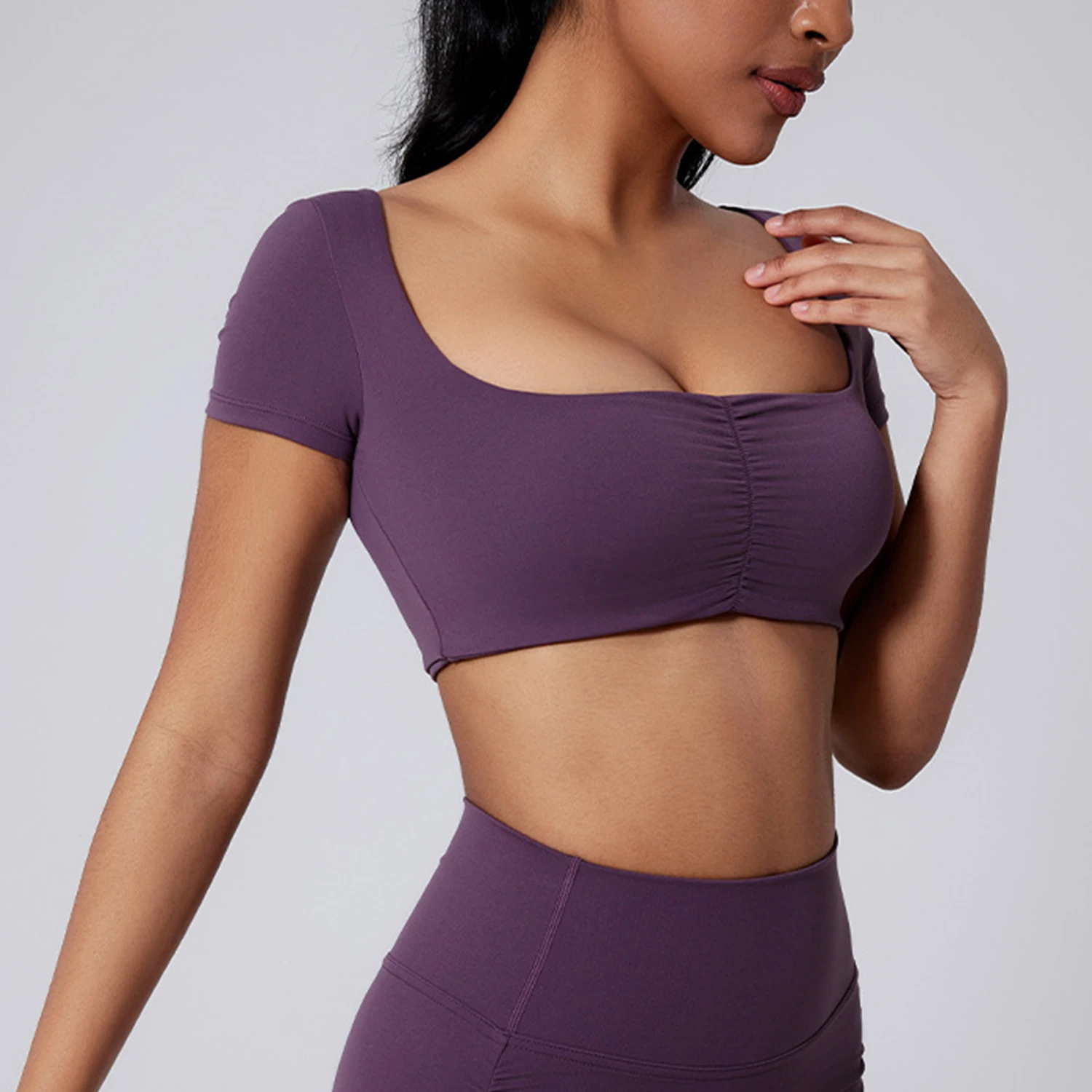 

New Shrink Tops Women Square Neck Waistless Sexy Remove Cups Solid Color Sports Short Sleeve Gym Workout Quick Dry Long Sleeve