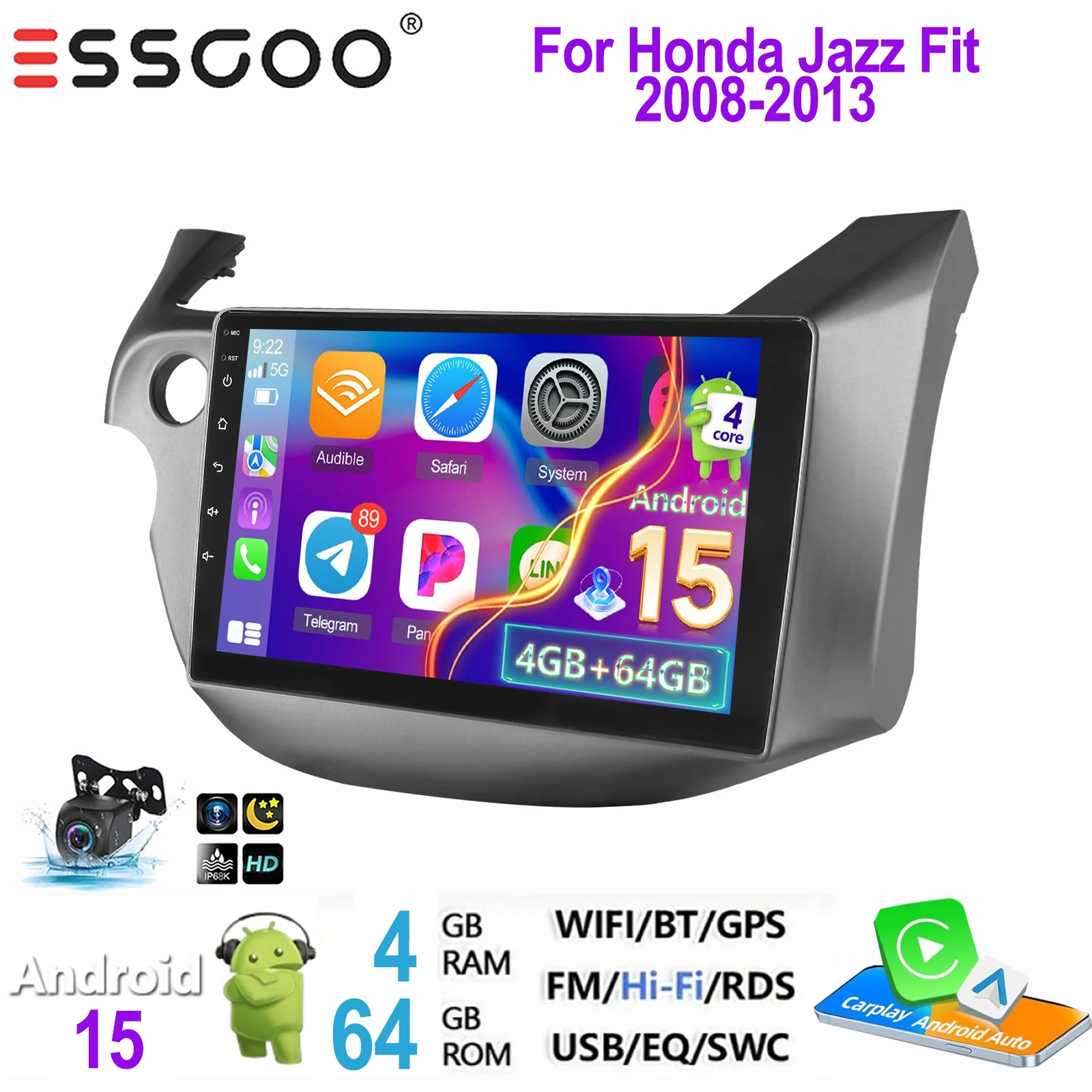 ESSGOO 2 DIN autoradio voor Honda Jazz Fit 2008-2013 Android 15 met draadloze Carplay, Android Auto, GPS, NAVI, WIFI, SWC, RDS, FM, ASP - afbeelding 1