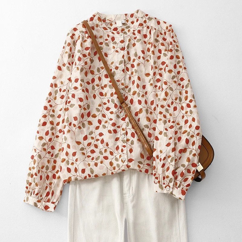 

Loose Cotton Floral Print Women's irt Long Sve round Ne Base irt Japanese Sle Age Reduction Top Faionable Versatile