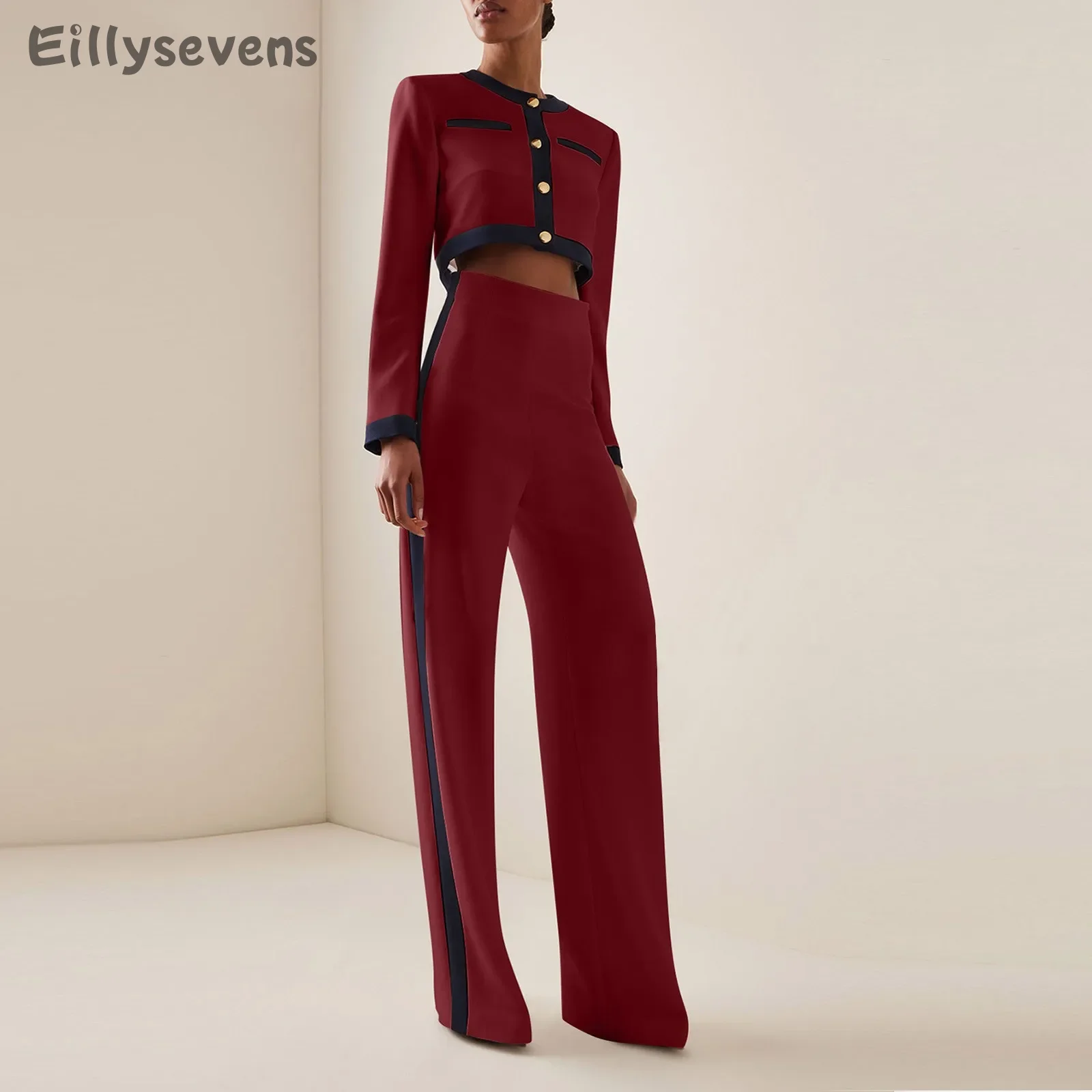 Women's New personality suit Splicing O-Neck Single Breasted Top Pants Set Autumn sports long-sleeved wide-leg pants suits