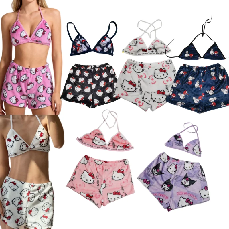 Girl Bikini Bra Shorts Hello Kitty Ladies Pajama Two Piece Sanrio Anime Kawaii Women Home Underwear Cute Summer Beachwear
