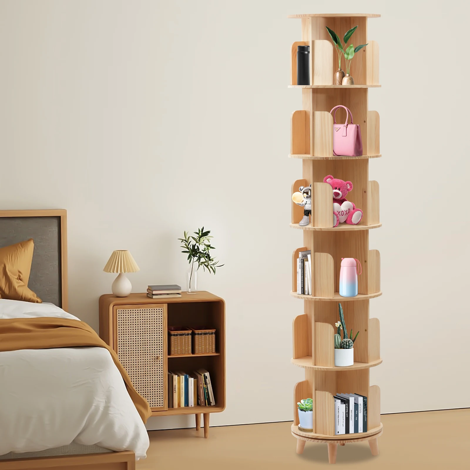 6 Tiers Rotating Bookshelf, Wood Narrow Bookshelf Organizer, 360 Display Floor Standing Bookcase Storage Rack