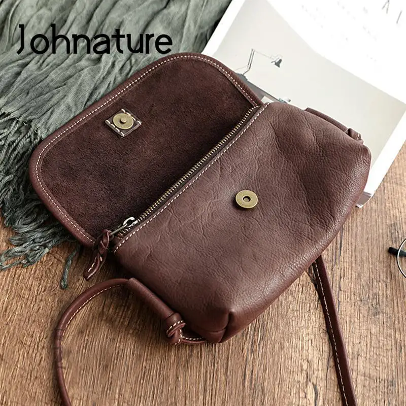 Johnature Handmade Retro Soft Cow Leather Women Bag 2024 New Simple Solid Color Shoulder Bags Leisure Ladies Small Messenger Bag