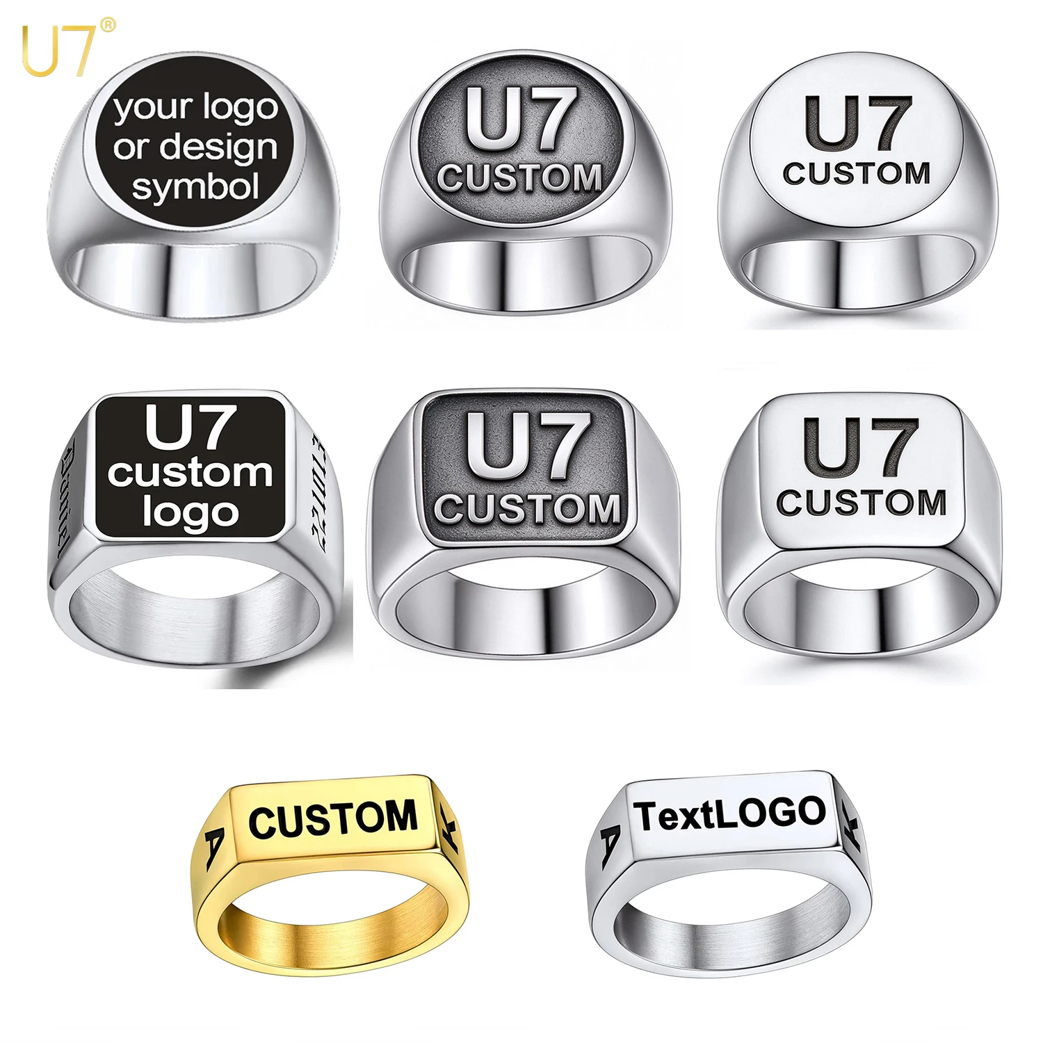 U7 Custom Stainless Steel Round Square Rings for Man Relief Deep Engrave Black White Vector Design Logo Brand Rings Jewelry Gift