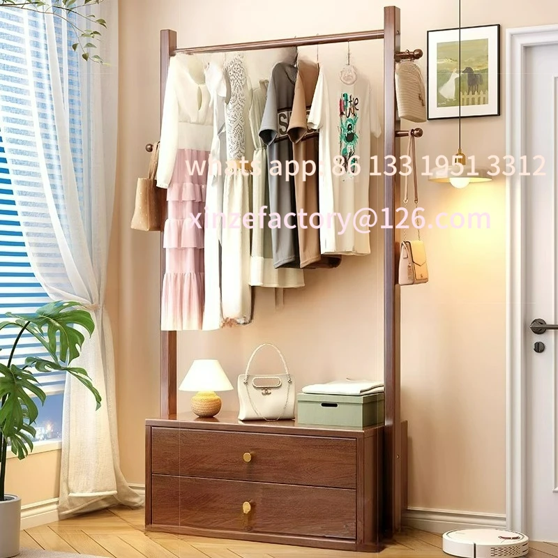 

Customizable solid wood hanger storage bedside table integrated with drawers coat rack small apartment bedroom