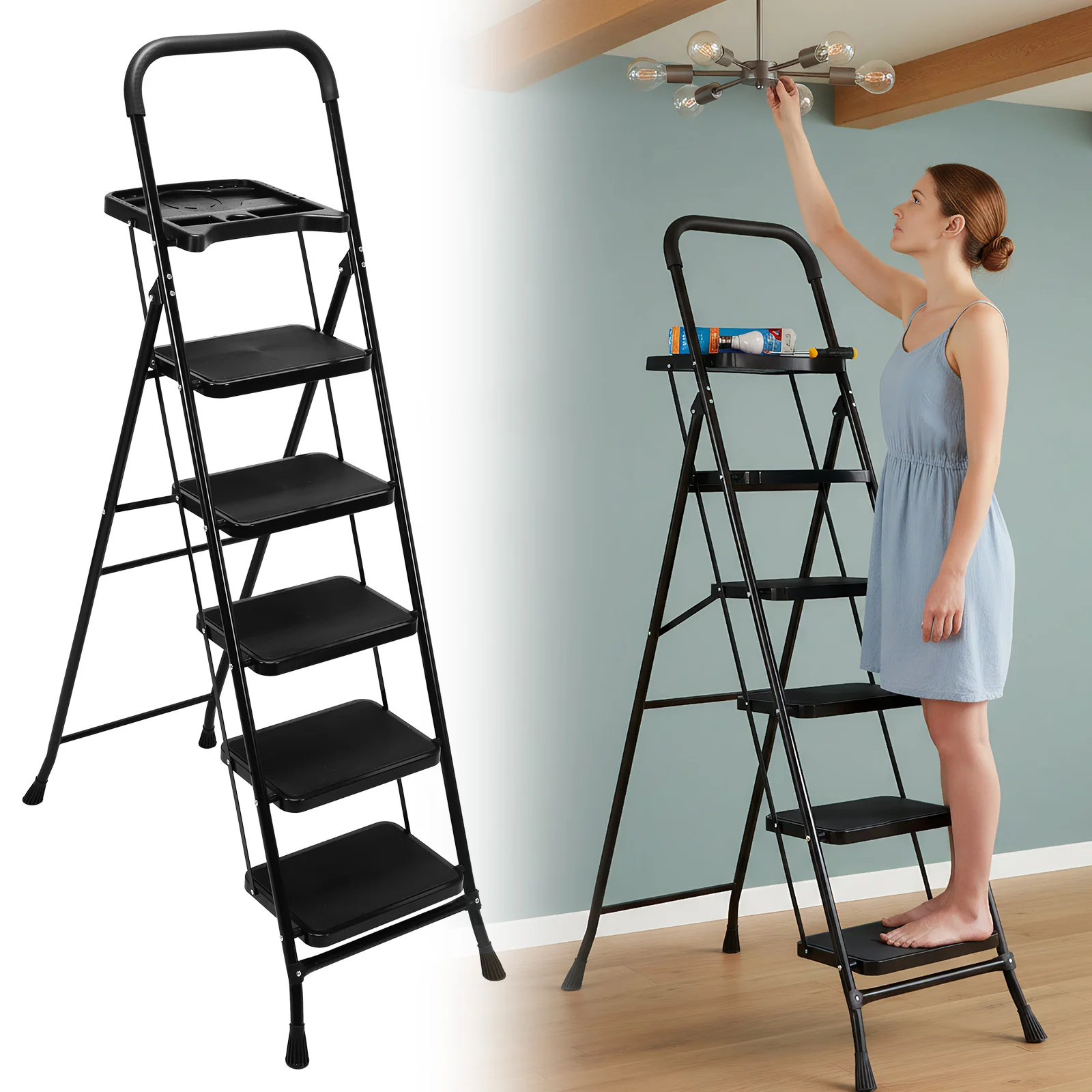 

5-ступенчатая выдвижная лестница-стремянка с поддержкой нагрузки до 330 фунтов, с безопасной блокировкой и широкими противоскользящими ступенями для дома, кухни, кладовой, офиса