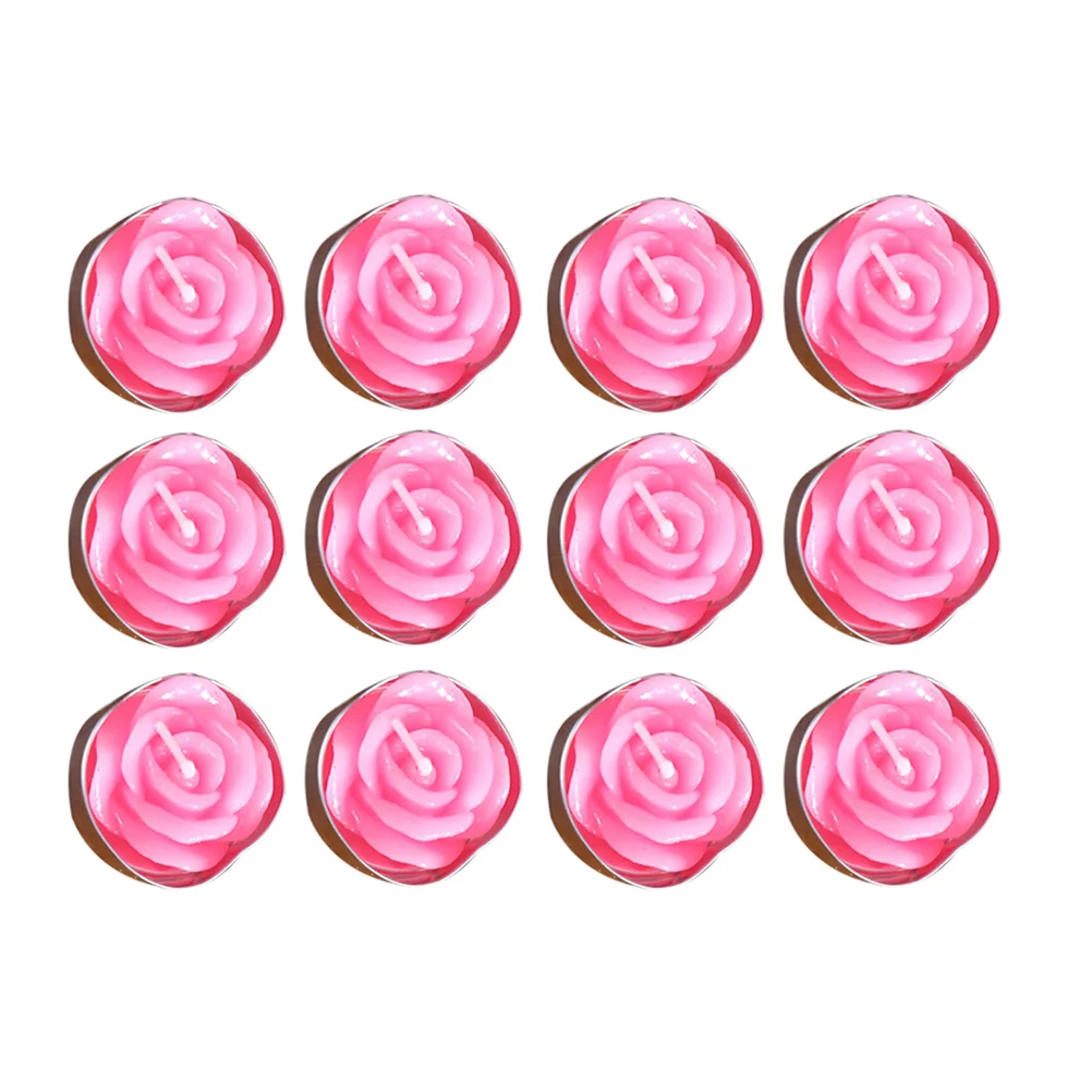 12 Pcs Tea Lights Floating Rose Flower Candles Party Decoration Romantic Smokeless Pink