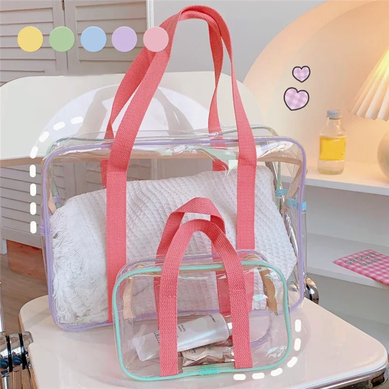 Korean Style Women Clear Summer Beach Bag Waterproof Large Travel Zipper Shoulder Bag Female Washing Toiletry Bag Handbag 1pc