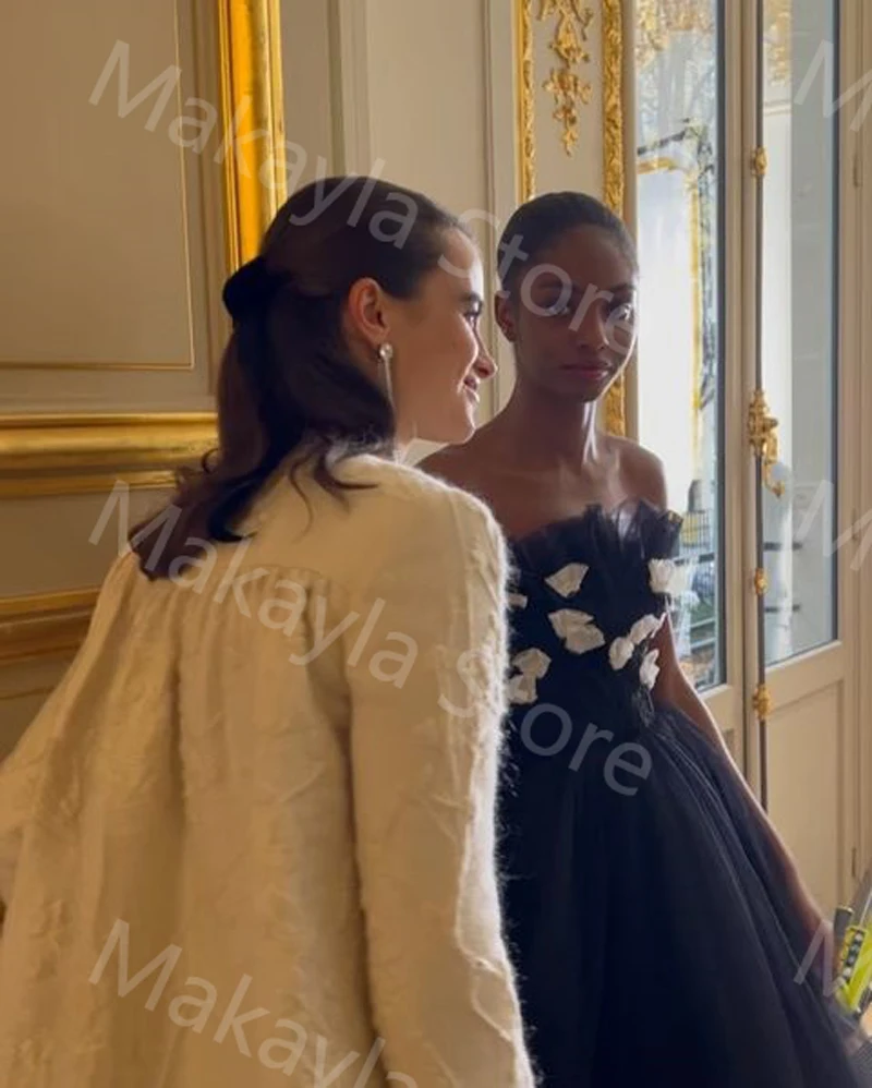 Vestidos de graduación sin tirantes para mujer, Vestido largo de tul, línea A, elegante, hecho a medida, flores blancas, negro, bonito, fiesta de noche