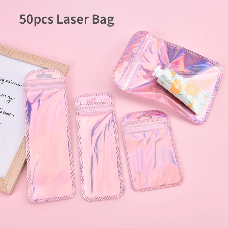 50Pcs 4 Styles Self-Sealing Glitter Pink Laser Bag Earrings Hair Accessories Storage Bag Transparent Mini Gift Bags