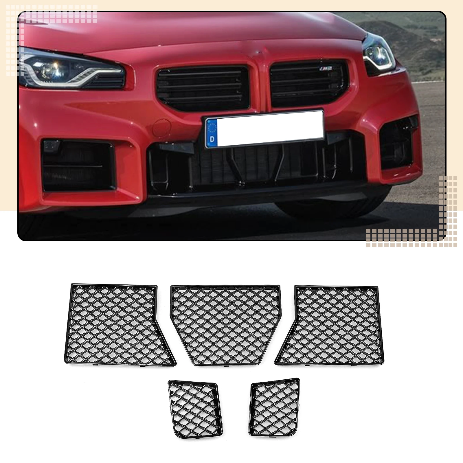 

Front Lower Center Grille Grill Gloss Black/Carbon Look Bumper Hood Mesh Radiator Intake Frame Cover Grid For BMW G87 M2 2023-26