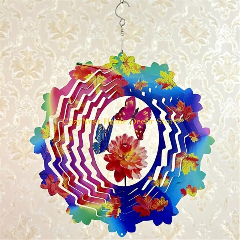 92MF 30cm Metal Wind Spinner Garden Decors, Colorful Maple Leaf Butterfly Hanging Ornament for Porch Balconies Patios Window or