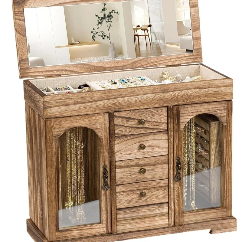 صندوق مجوهرات خشبي، صندوق تخزين مجوهرات راقي متعدد الطبقات مع غطاء شفاف، خزانة عرض، صندوق تشطيب للدرج